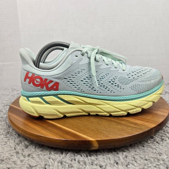 Hoka One One Women 9.5D Wide Clifton 7 Morning Mist Hot Coral Daily Running Shoe - Picture 3 of 13